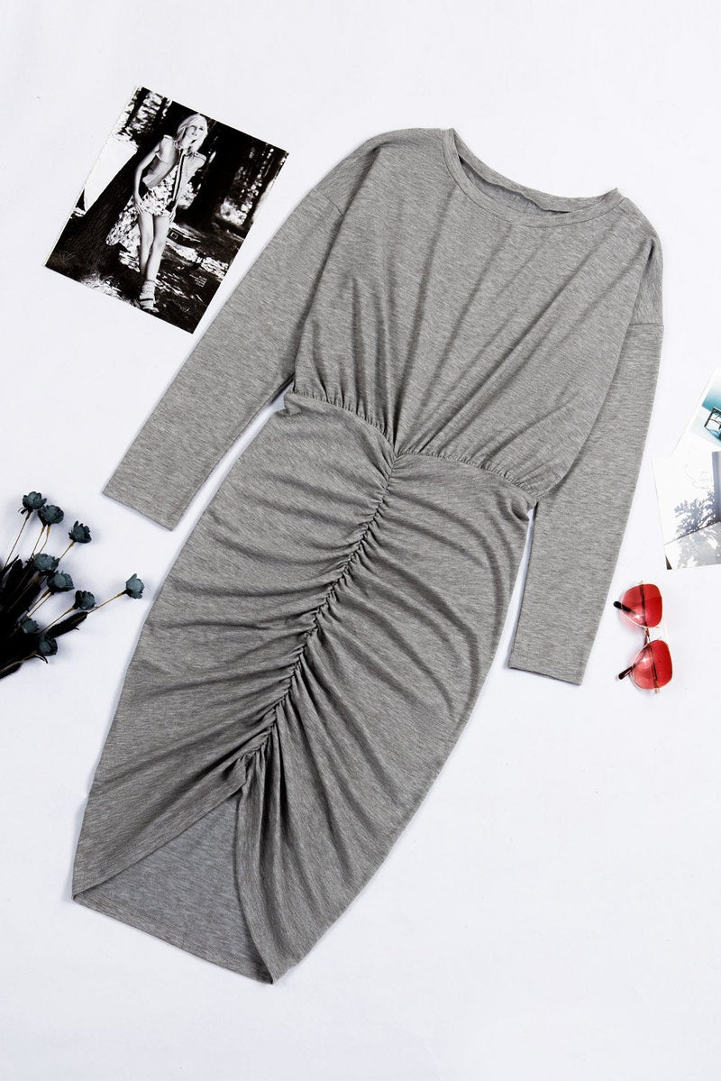 Gray Crewneck Long Sleeve Ruched Shirred Split Bodycon Dress