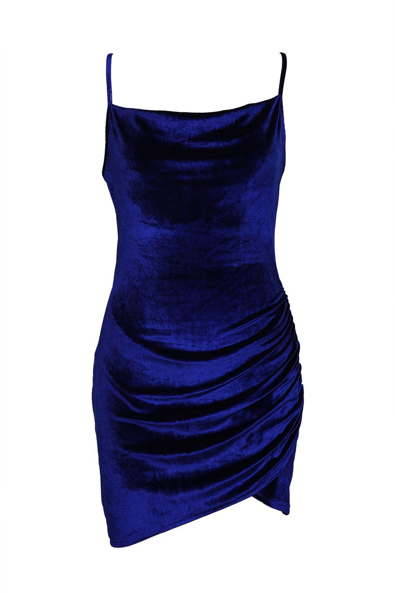 Blue Spaghetti Straps Ruched Velvet Bodycon Dress