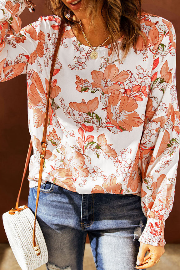 Orange Floral Print Smocked Cuff Puff Sleeve Blouse