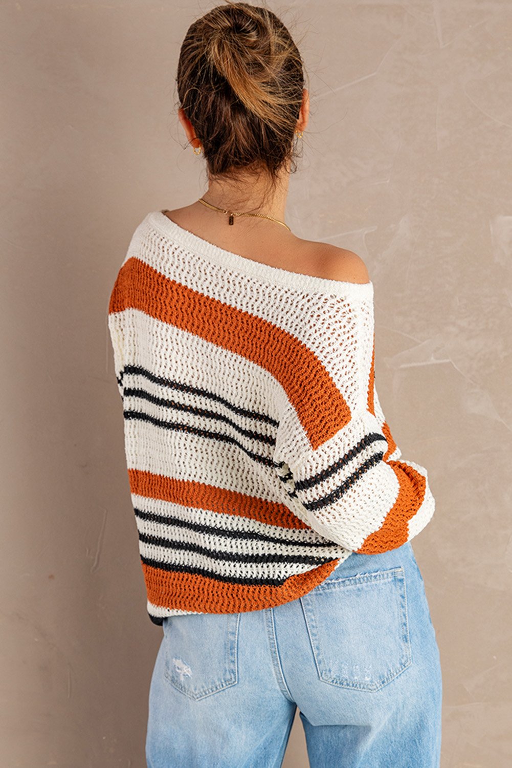 Casual Brown Loose Fit Striped Pattern Sweater