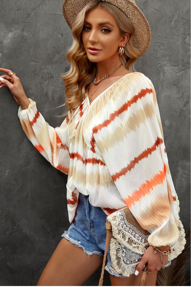 Khaki Tie-dyed V Neck Bubble Sleeve Babydoll Top