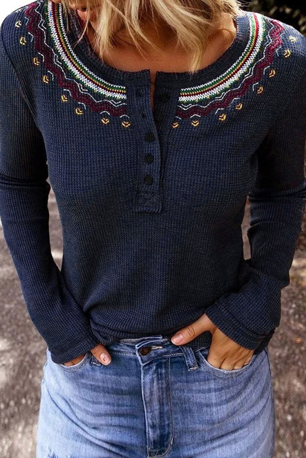 Navy Blue Embroidered Round Neck Waffle Top