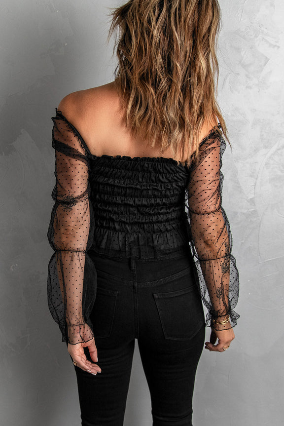 Black Dotted Off-the-shoulder Smocked Crop Top