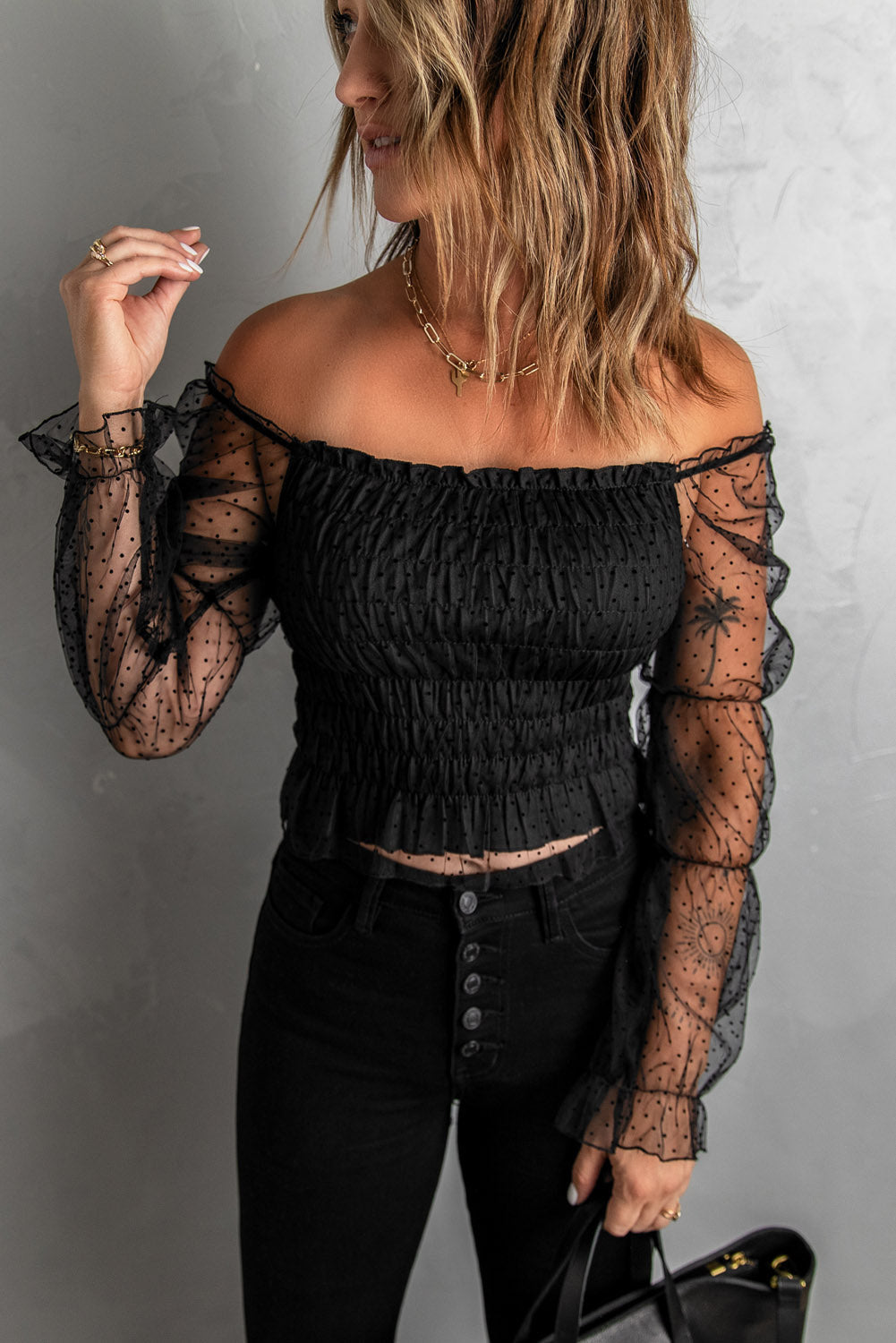 Black Dotted Off-the-shoulder Smocked Crop Top