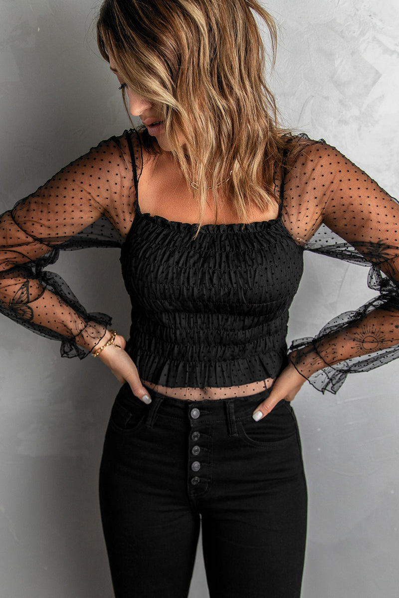 Black Dotted Off-the-shoulder Smocked Crop Top