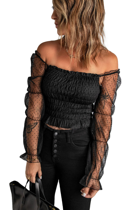 Black Dotted Off-the-shoulder Smocked Crop Top