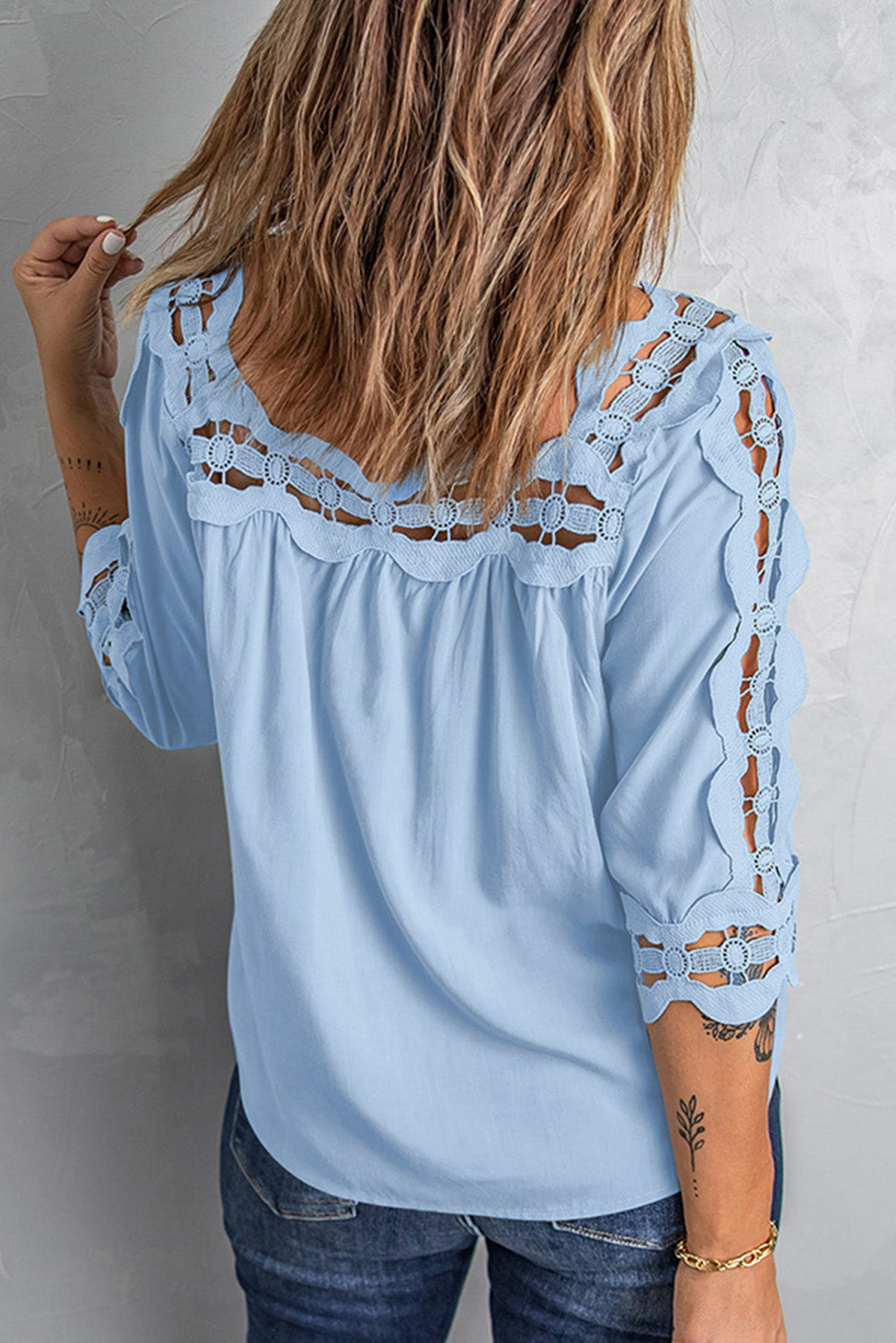 Cute Sky Blue Crochet Trim Hollow-out Blouse