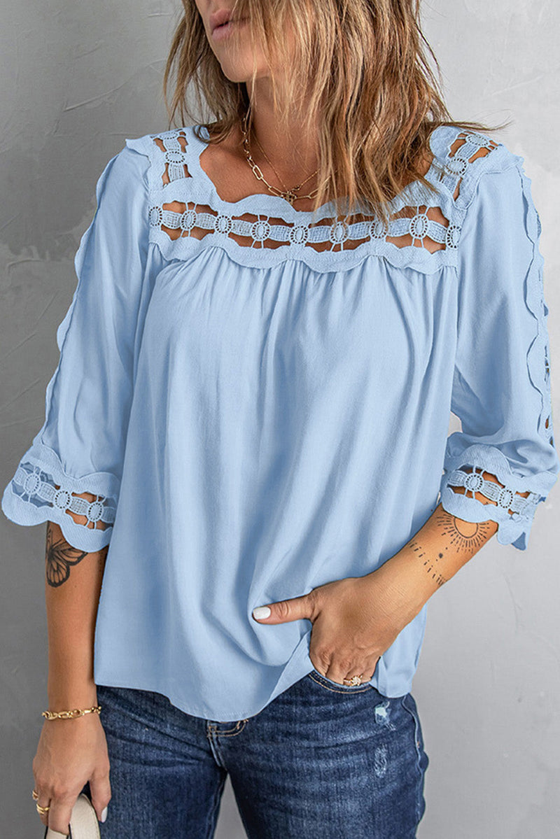 Cute Sky Blue Crochet Trim Hollow-out Blouse