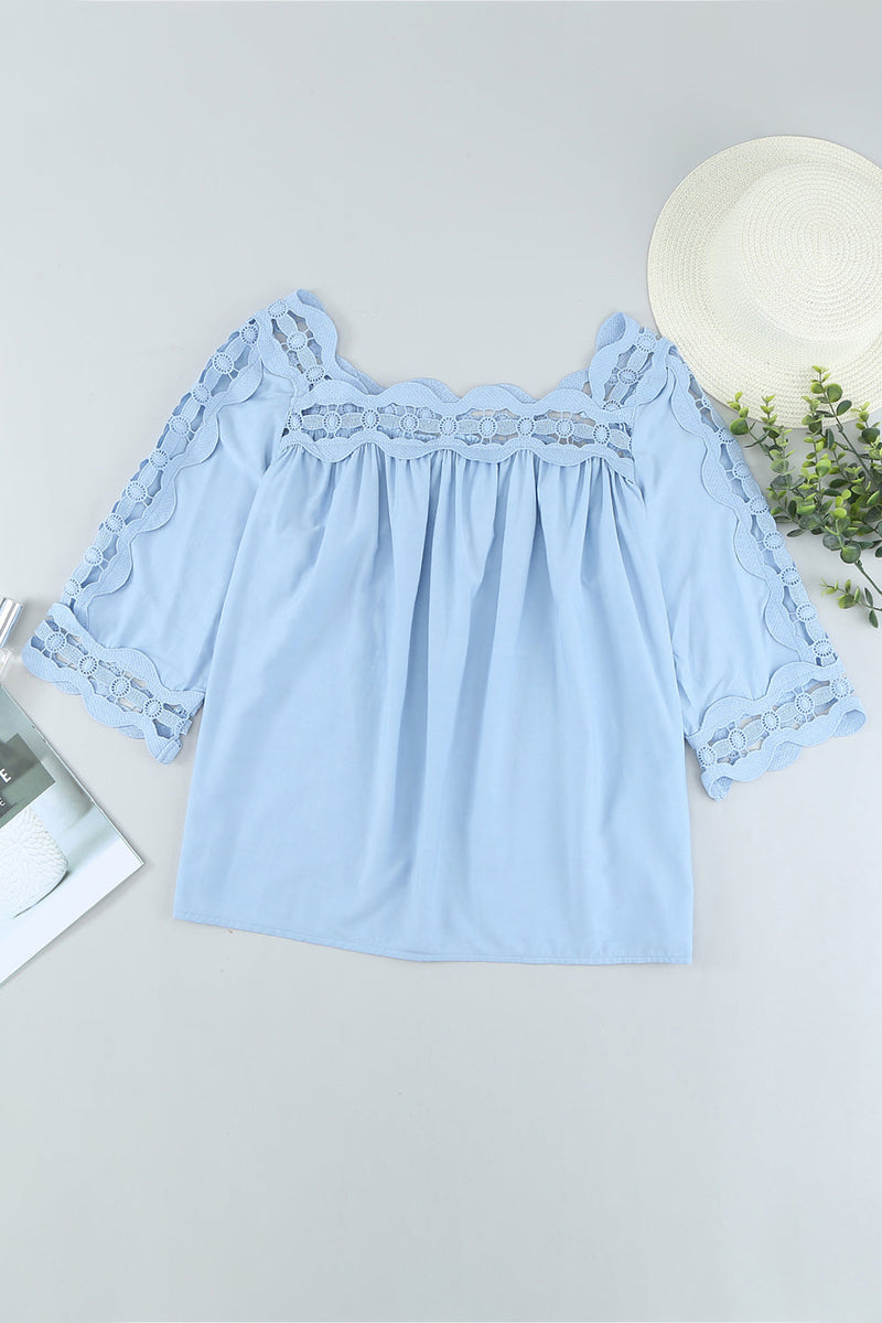 Cute Sky Blue Crochet Trim Hollow-out Blouse