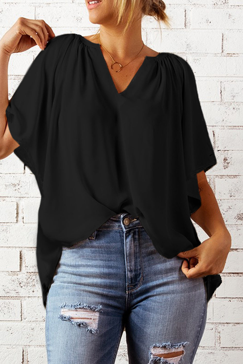 Casual Black Split Neck Pleated Loose Top