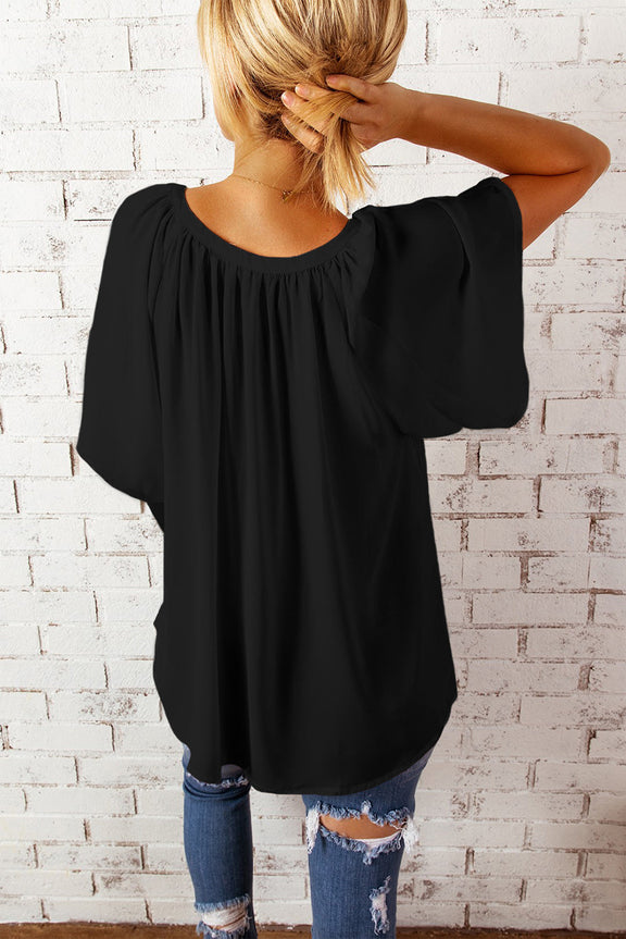 Casual Black Split Neck Pleated Loose Top