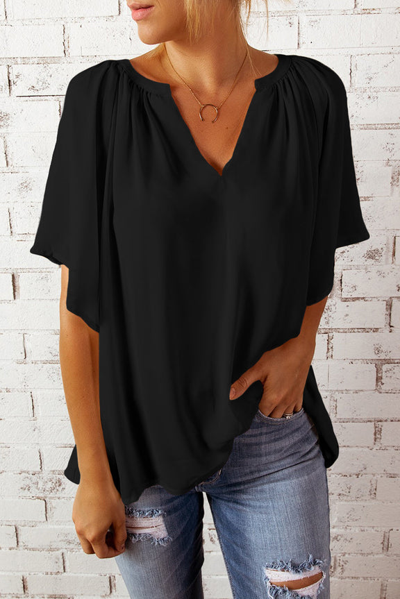 Casual Black Split Neck Pleated Loose Top