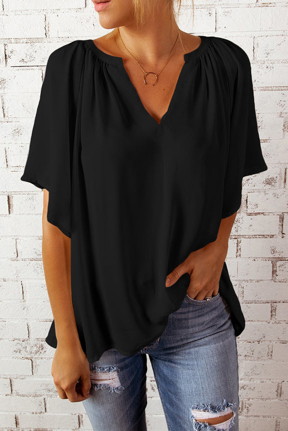 Casual Black Split Neck Pleated Loose Top