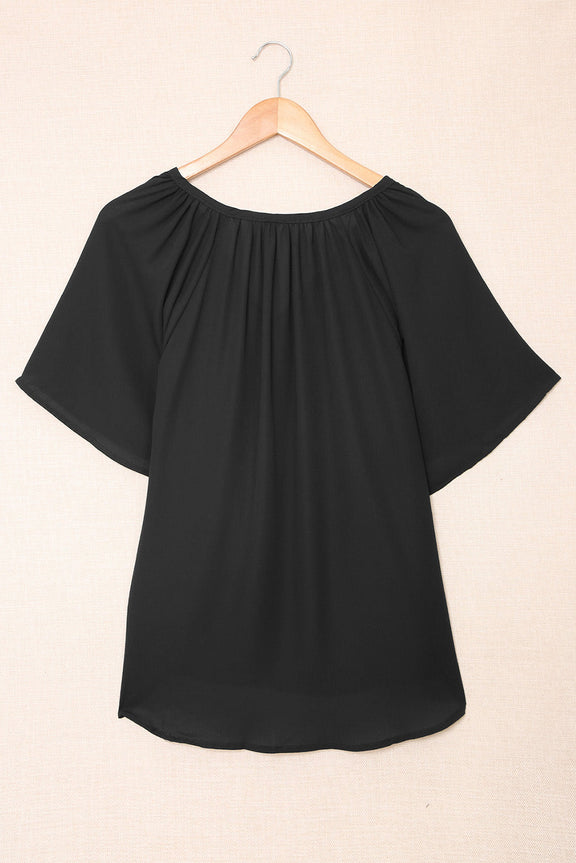 Casual Black Split Neck Pleated Loose Top