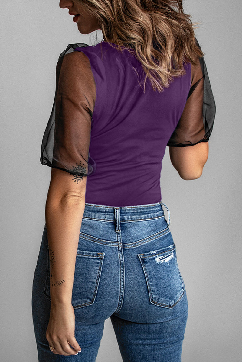 Purple Mesh Puff Short Sleeve Top