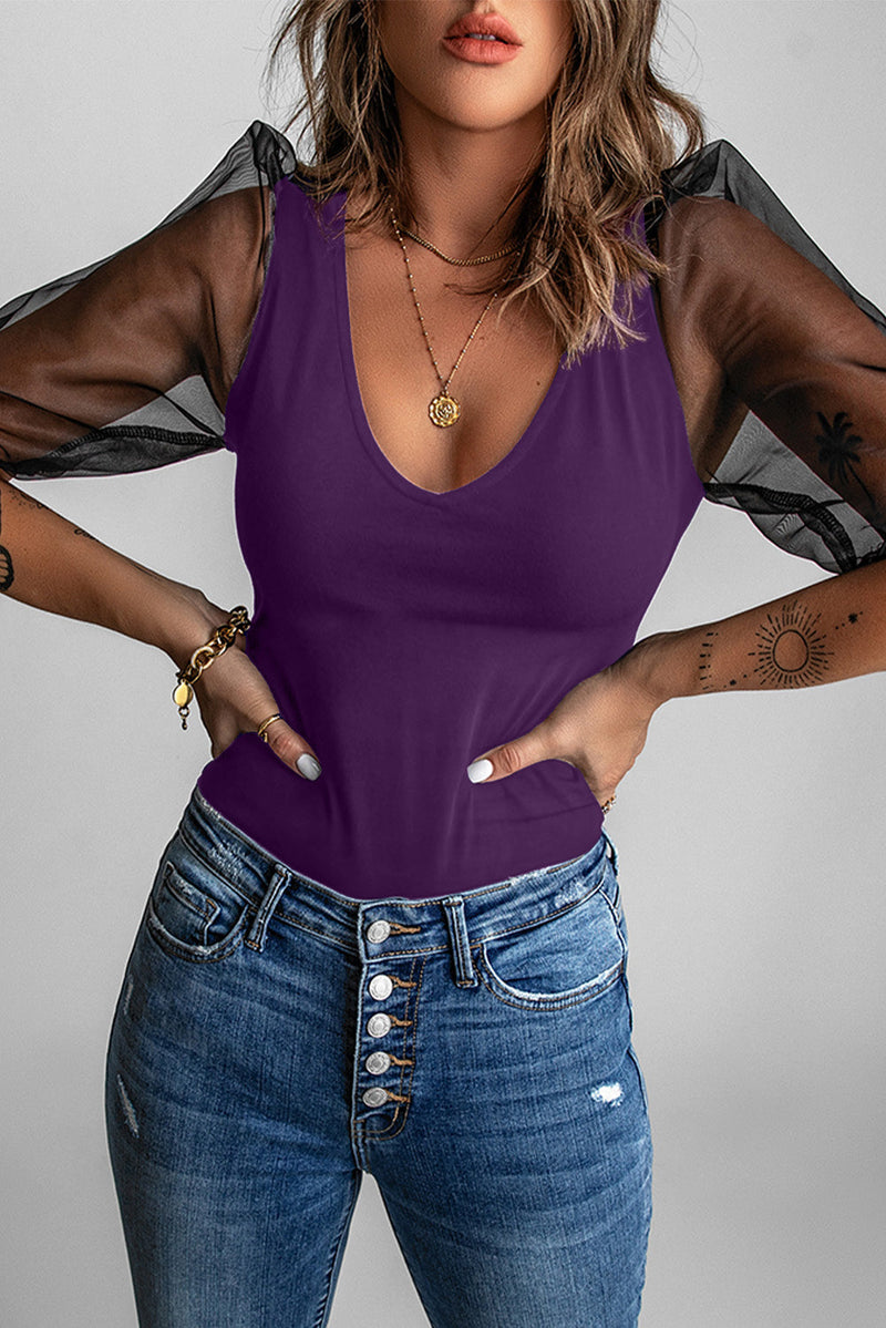 Purple Mesh Puff Short Sleeve Top