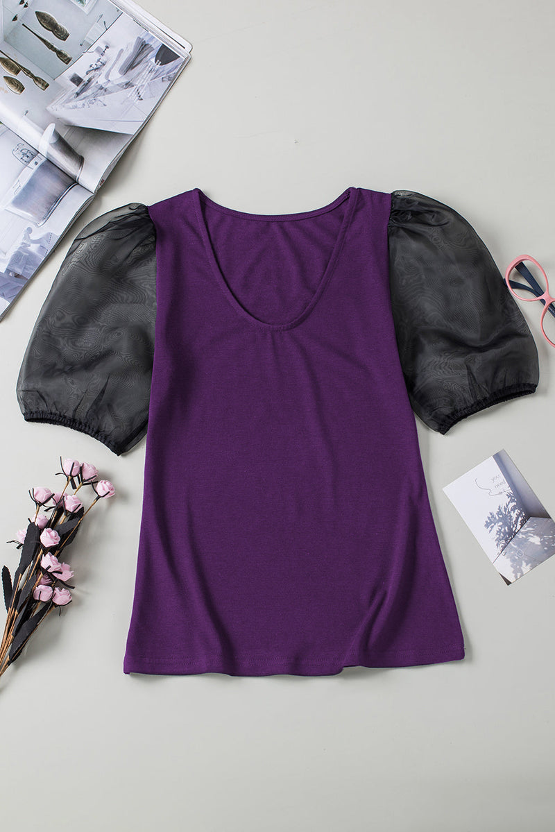 Purple Mesh Puff Short Sleeve Top