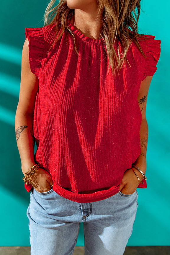 Fashion Red Ruffled Ribbed O-neck Sleeveless Top