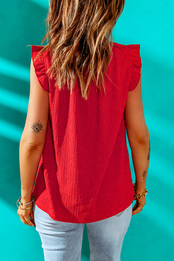 Fashion Red Ruffled Ribbed O-neck Sleeveless Top