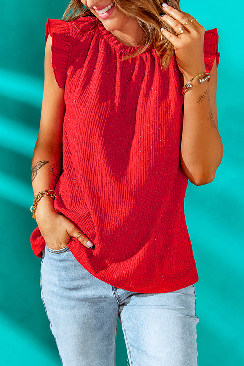 Red Ruffled Ribbed Sleeveless Top