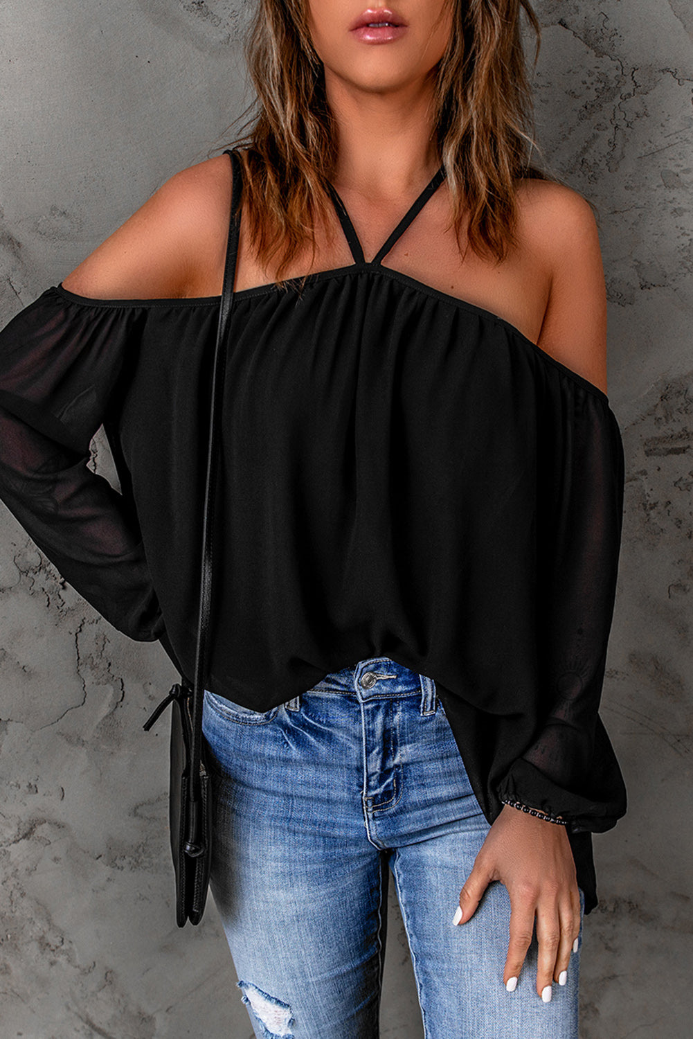 Fashion Black Halter Neck Off-shoulder Blouse