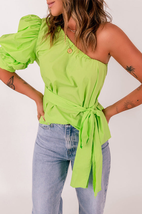 Green Lace-up Puff Sleeve One Shoulder Blouse