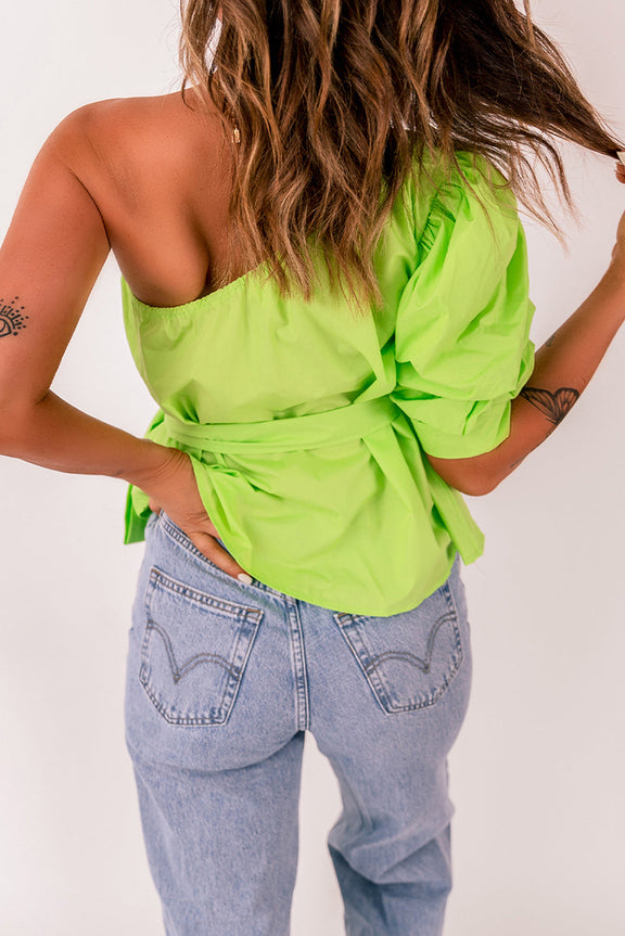 Green Lace-up Puff Sleeve One Shoulder Blouse