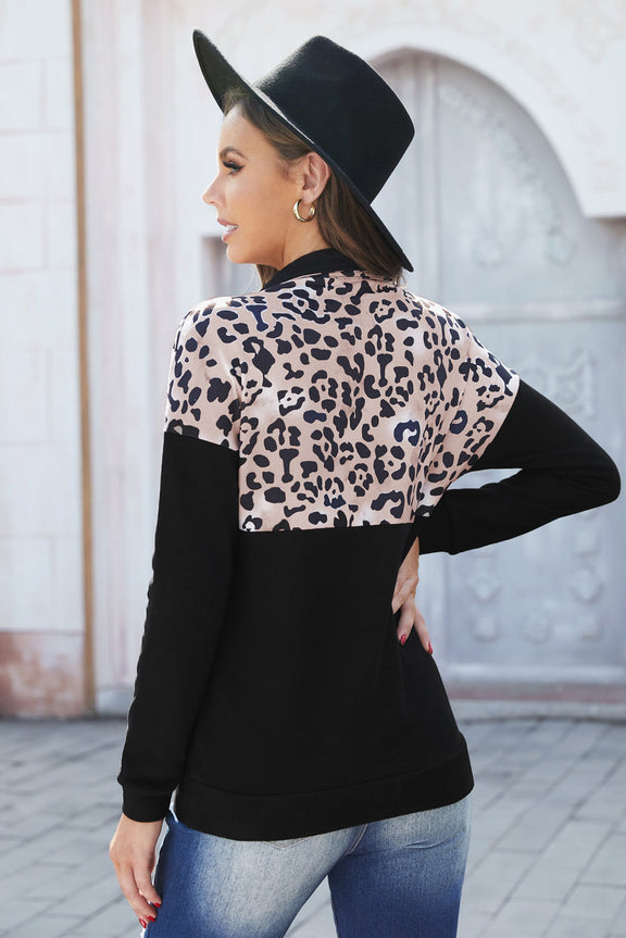 Casual Leopard Black Zip Stand Collar Dropped Sleeve Sweatshirt