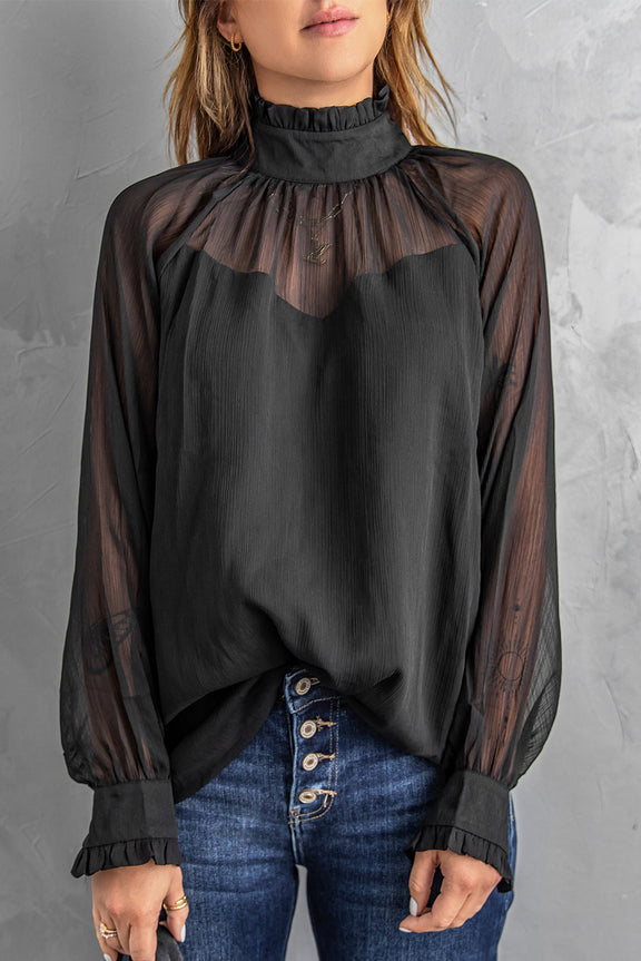 Black Sheer Ruffled Puff Sleeves Turtleneck Blouse