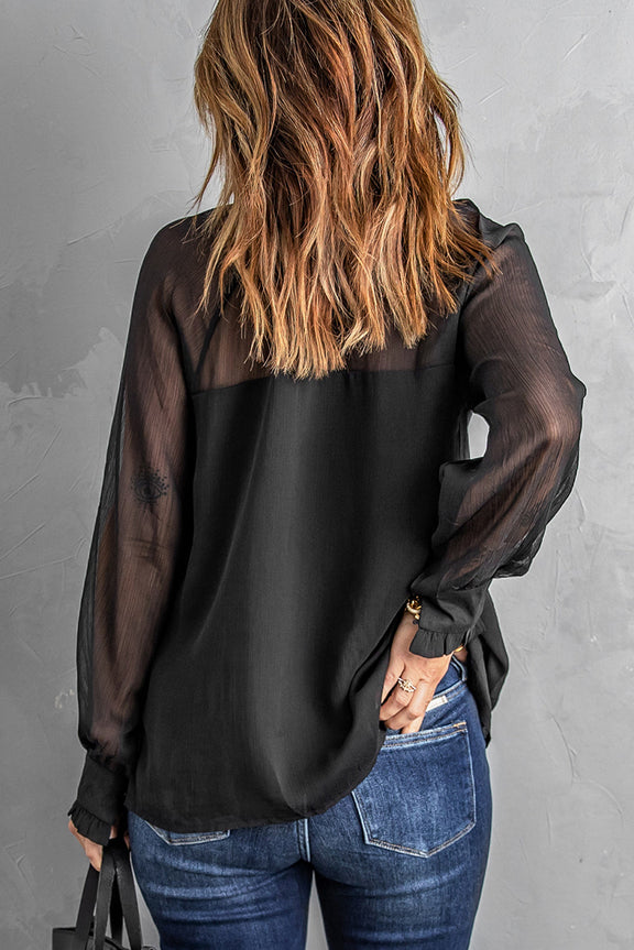 Black Sheer Ruffled Puff Sleeves Turtleneck Blouse