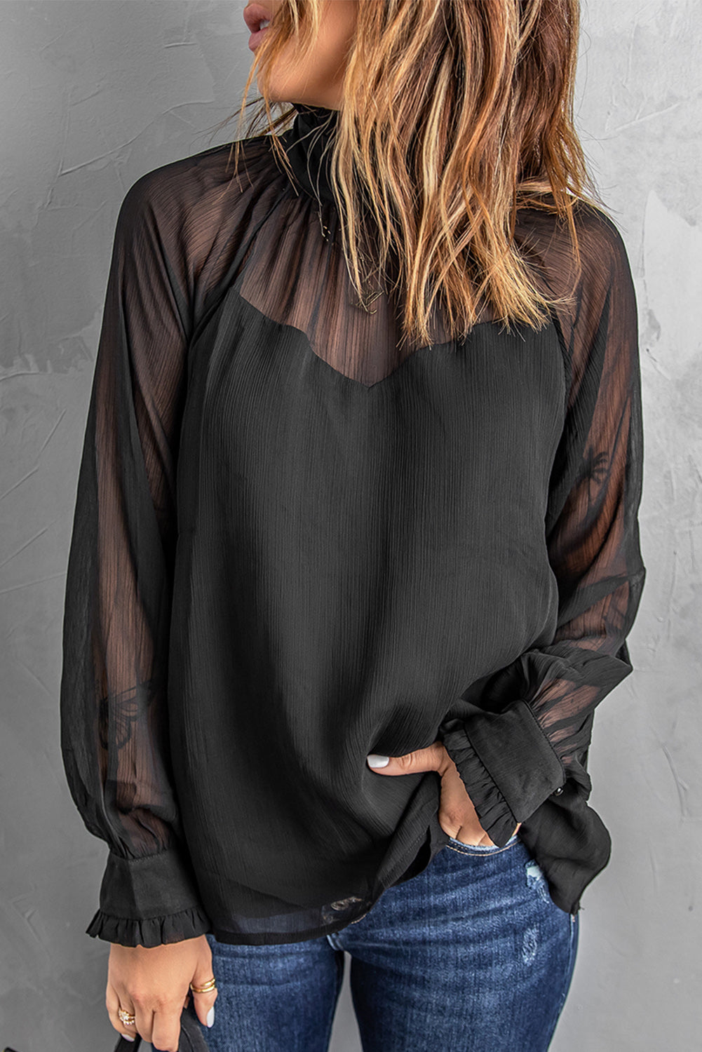 Black Sheer Ruffled Puff Sleeves Turtleneck Blouse