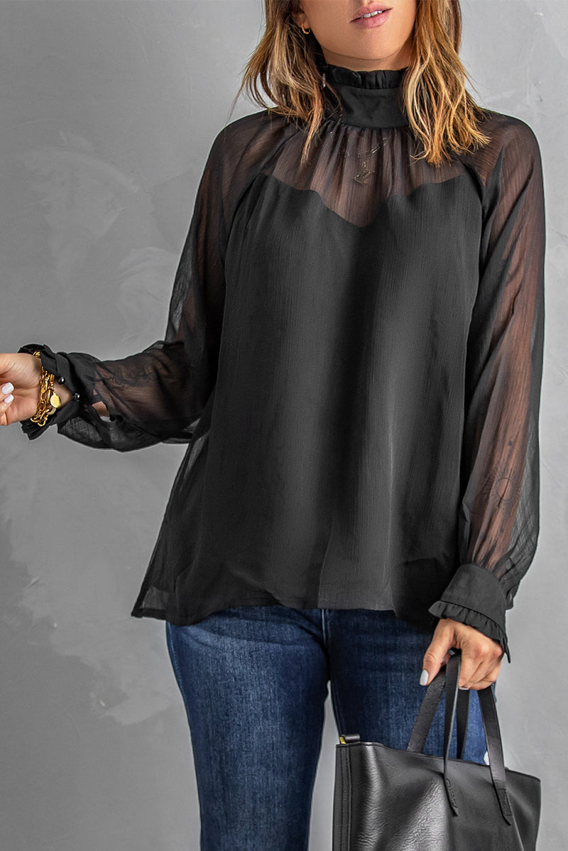 Black Sheer Ruffled Puff Sleeves Turtleneck Blouse