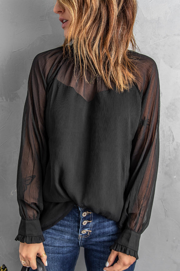 Black Sheer Ruffled Puff Sleeves Turtleneck Blouse