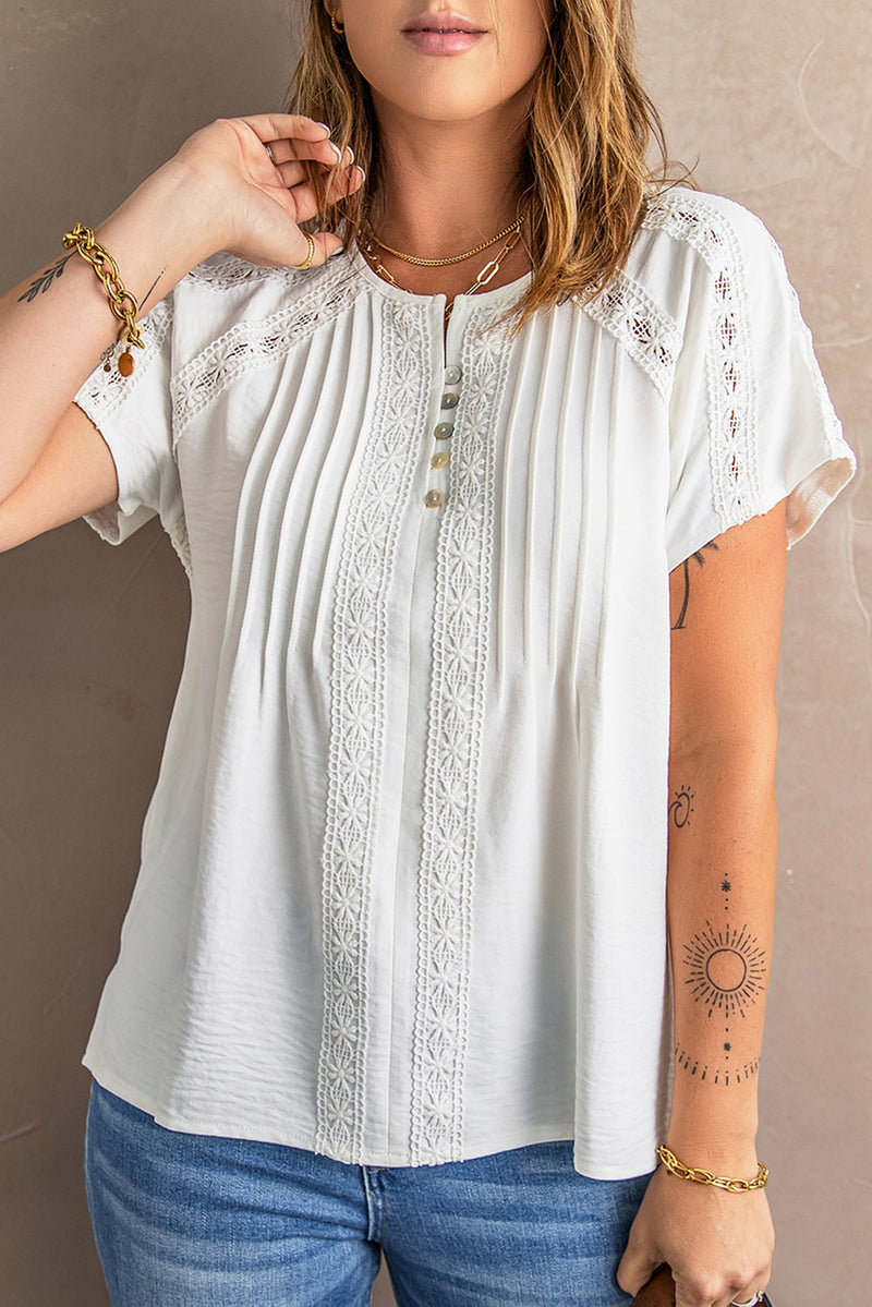 Chic White Crochet Eyelet Short Sleeves Blouse Top