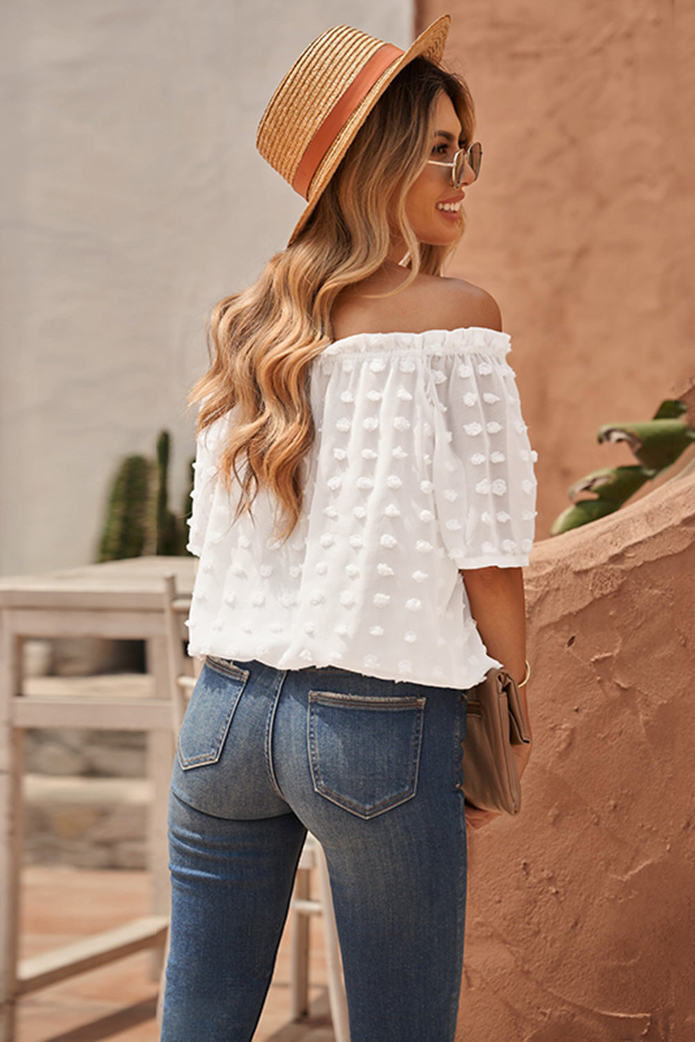 Chic White Off The Shoulder Swiss Dot Crop Blouse