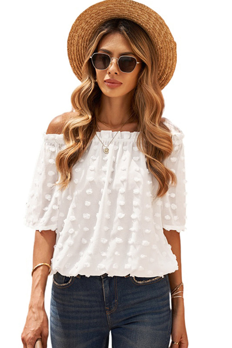 Chic White Off The Shoulder Swiss Dot Crop Blouse