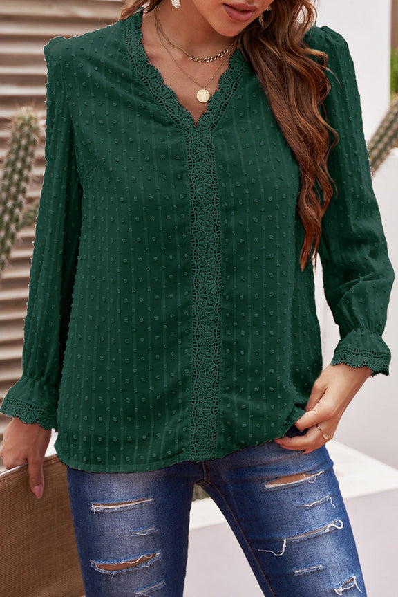  Green Elegant V-Neck Swiss Dot Long Sleeve Lace Blouse