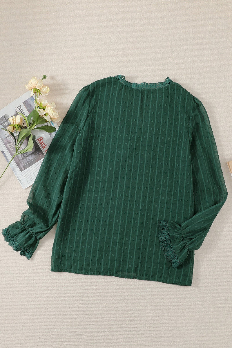 Green Elegant V-Neck Lace Blouse