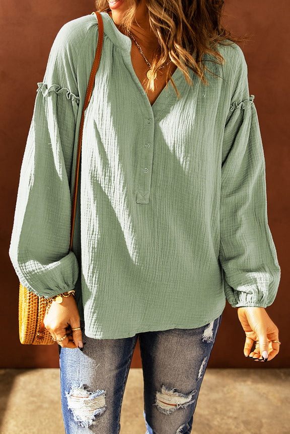 Green Casual Balloon Sleeve Crinkled Blouse Top