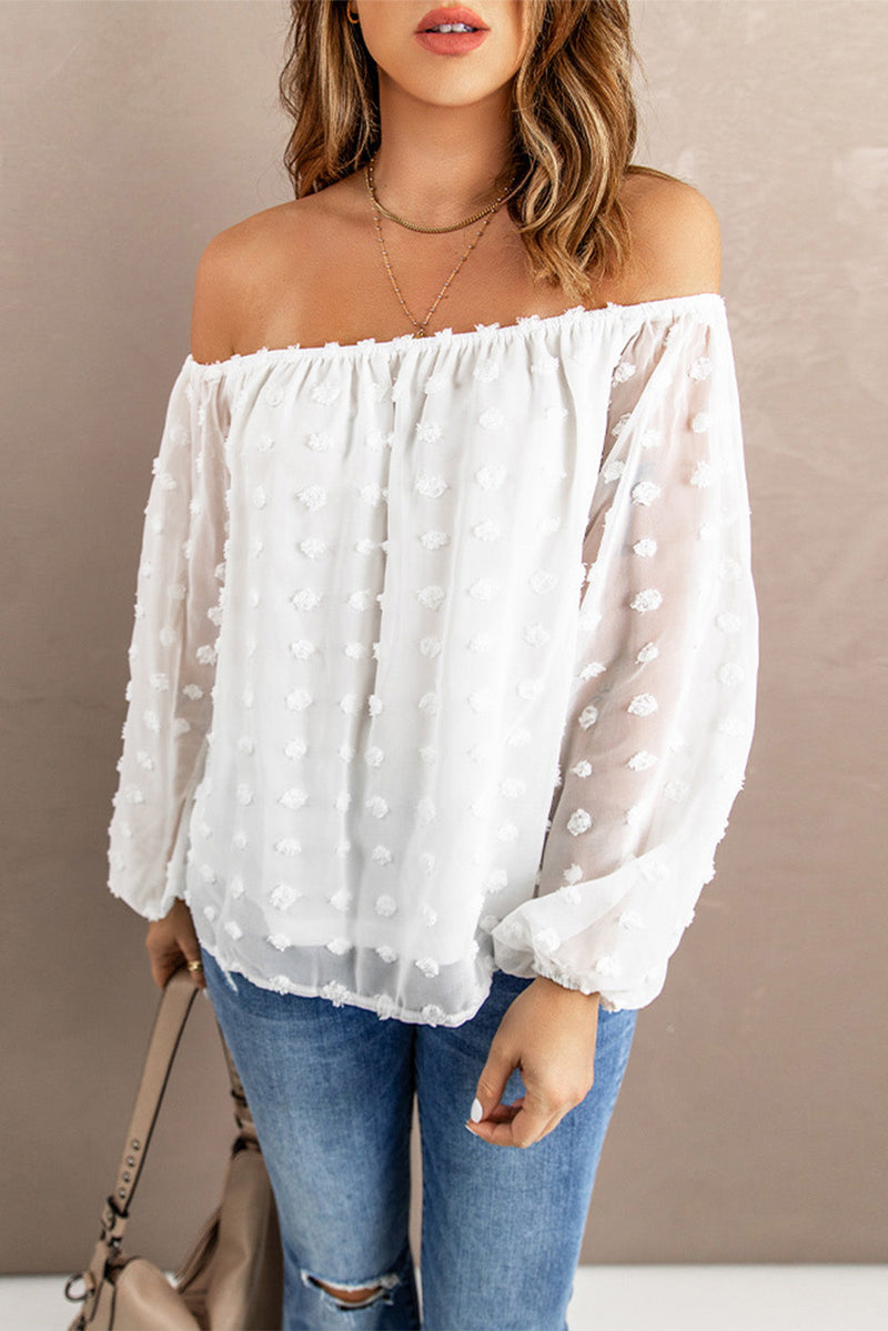 Chic White Off Shoulder Swiss Dot Blouse