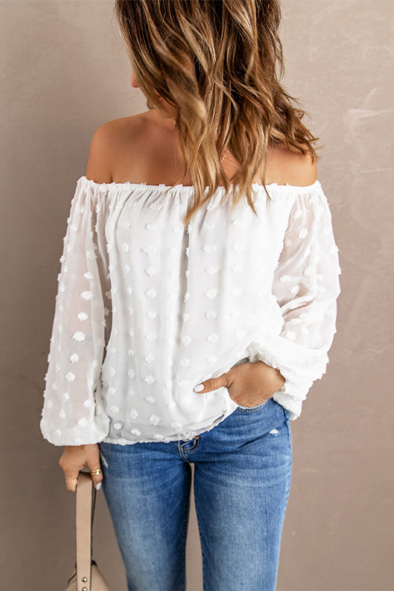 Chic White Off Shoulder Swiss Dot Blouse