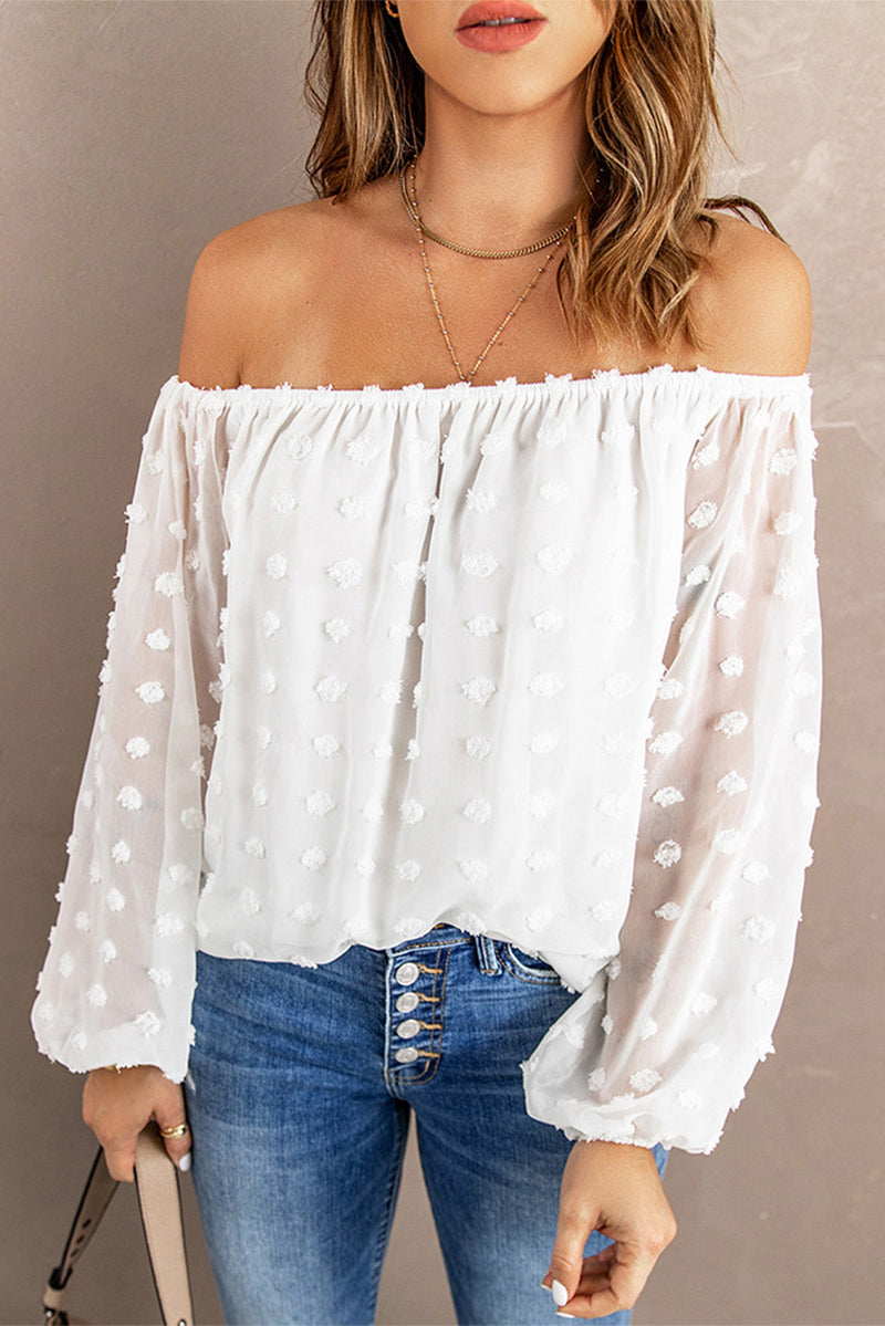 Chic White Off Shoulder Swiss Dot Blouse