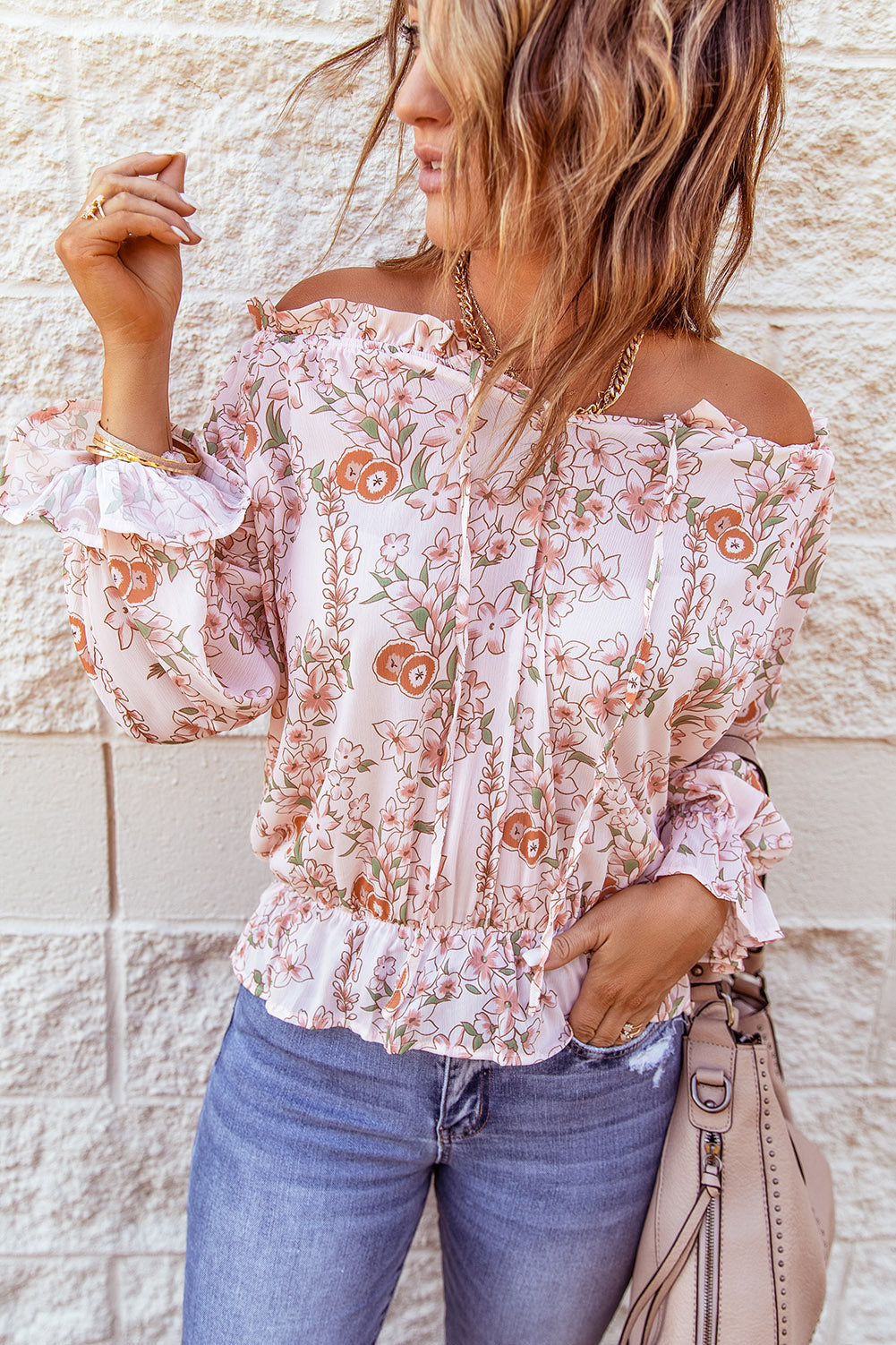 Pink Off The Shoulder Puff Sleeve Ruffled Floral Print Blouse