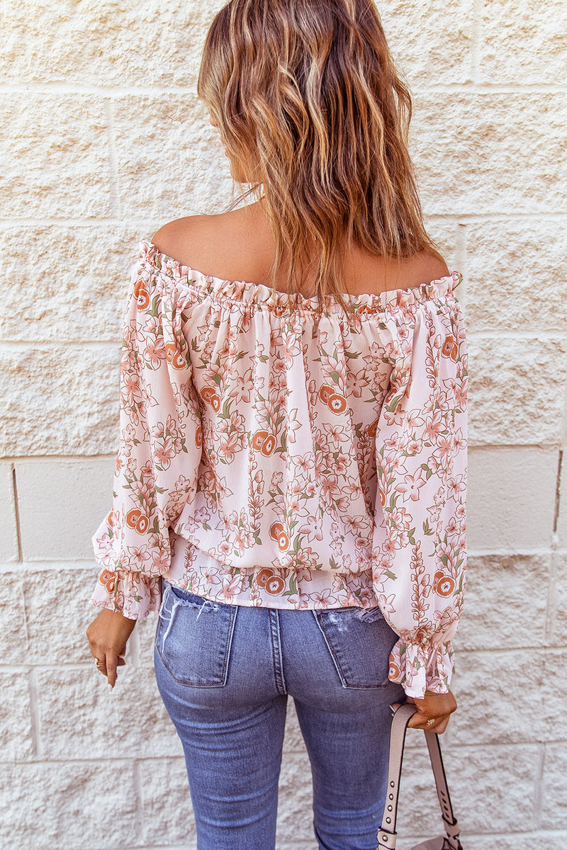 Pink Off The Shoulder Puff Sleeve Ruffled Floral Print Blouse