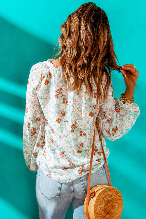 Green Floral Print V Neck Top