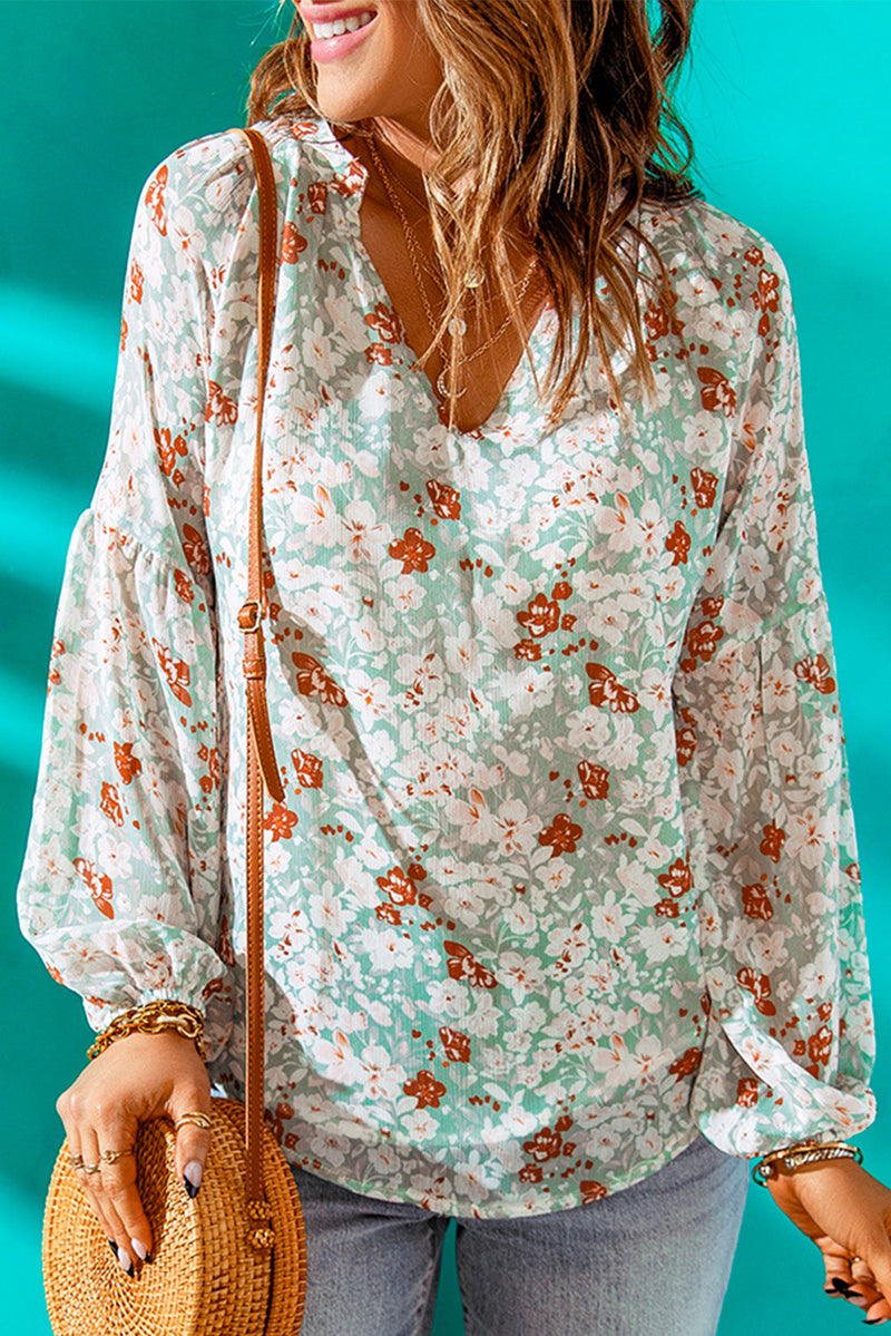 Green Floral Print V Neck Top