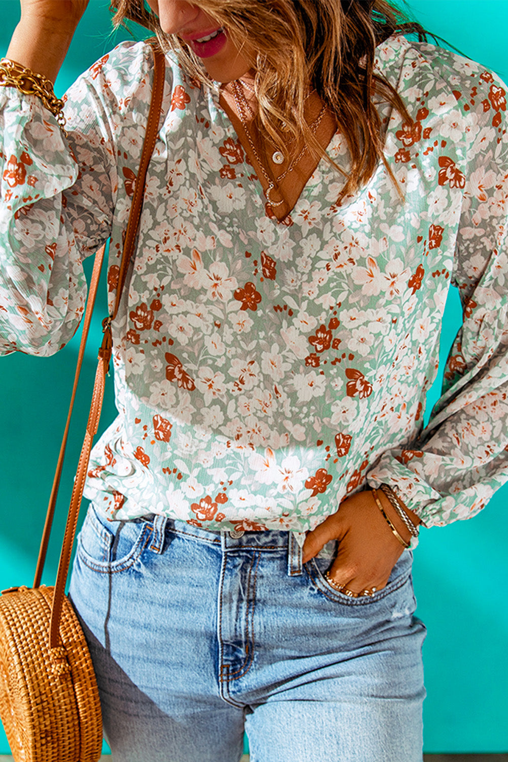 Green Floral Print V Neck Top