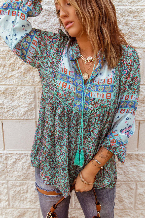 Green Split Neck Bubble Sleeve Floral Blouse