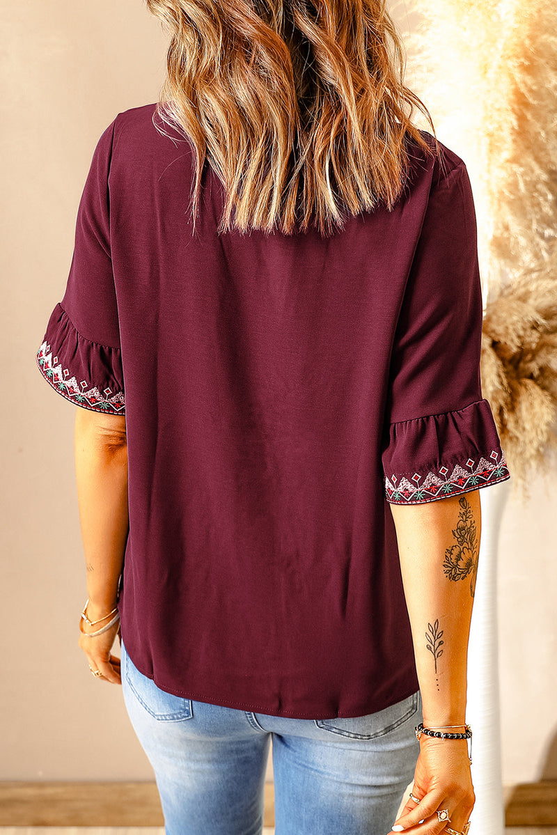 Red Boho Floral V Neck Short Sleeve Casual Top