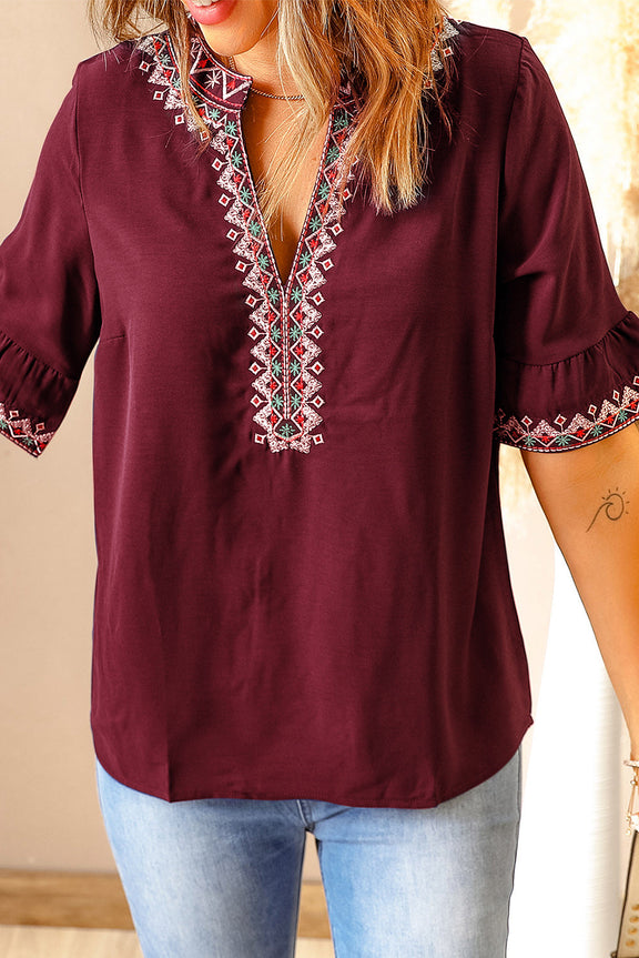 Red Boho Floral V Neck Short Sleeve Casual Top